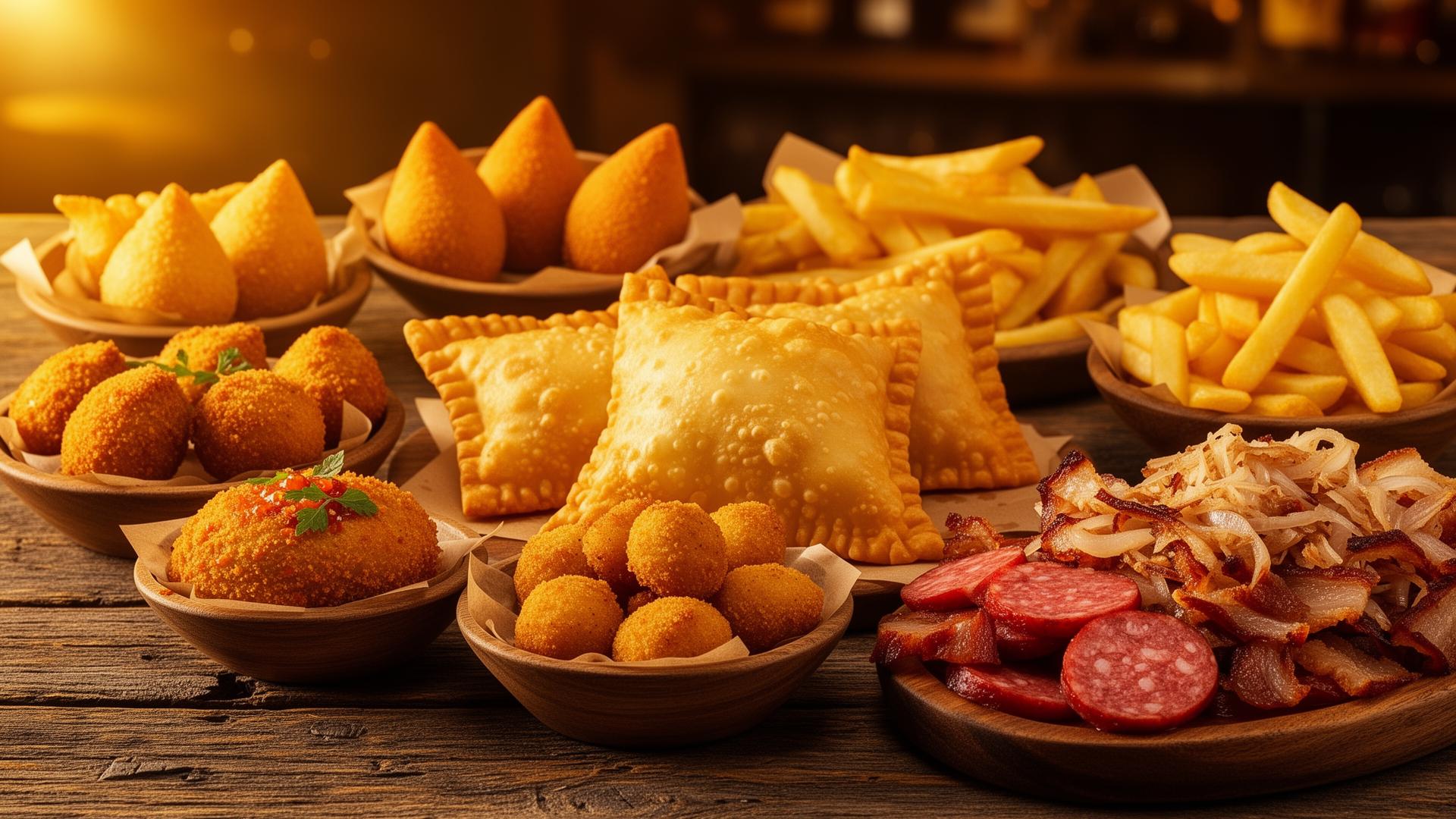 Buffet de comida de boteco - pastéis, coxinhas, calabresa e petiscos tradicionais